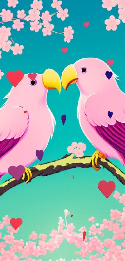 Two pink parrots on branch with cherry blossoms and turquoise background.