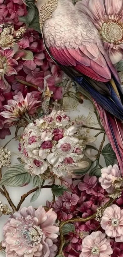 Parrot perched among pink and pastel flowers.