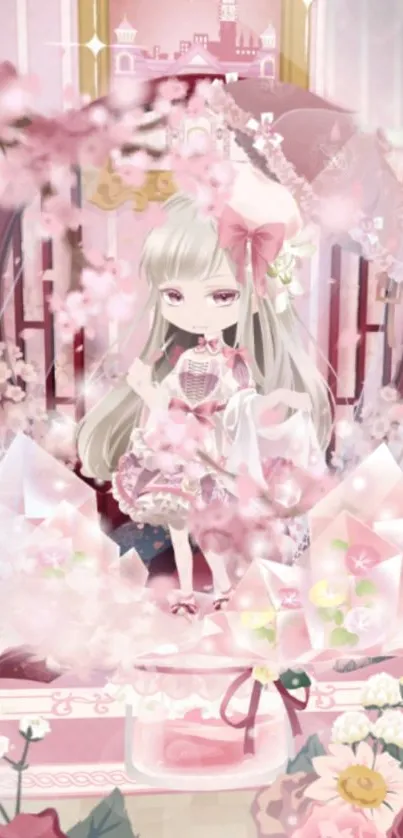 Pastel anime character surrounded by pink flowers and crystals.