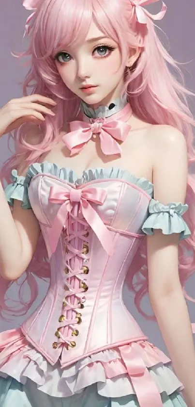 Anime character with pastel pink dress and intricate design.