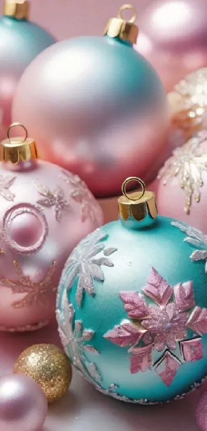 Pastel Christmas ornaments with intricate designs for a festive wallpaper.