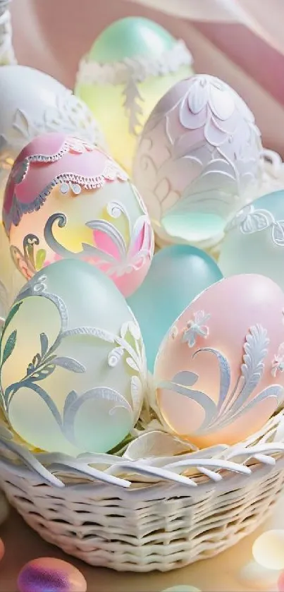 Pastel Easter eggs with delicate designs in a woven basket.