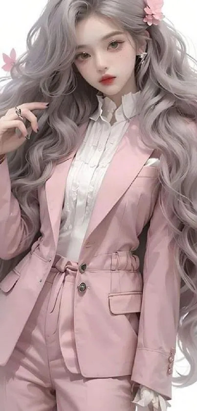 Fashionable character in pastel pink suit with flowing hair and flowers.