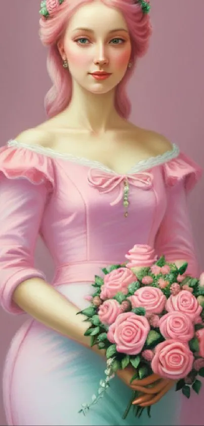 Elegant woman in pastel pink dress holding bouquet of roses.