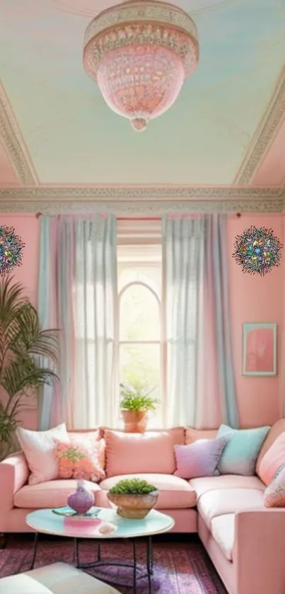 Pastel-themed living room wallpaper with elegant decor and soft hues.