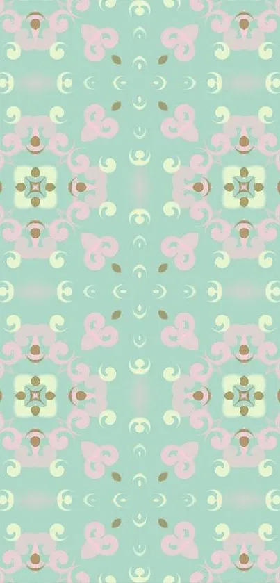 Elegant pastel mandala design wallpaper with mint and pink colors.