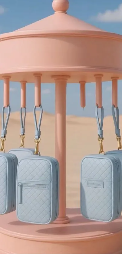 Pastel hanging pouches on elegant carousel background.