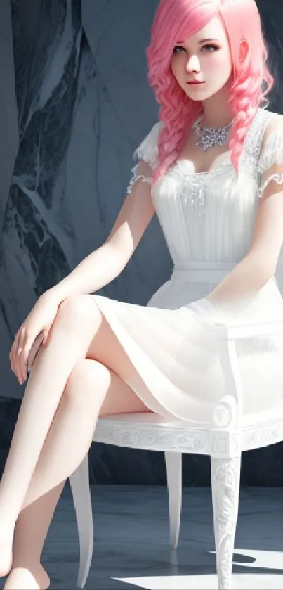 Elegant pink-haired figure in white dress seated against marble.