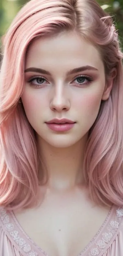 Portrait wallpaper of a woman with pink hair.