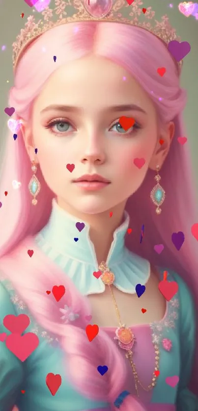 Elegant pastel princess with pink hair and crown in a fantasy art style.