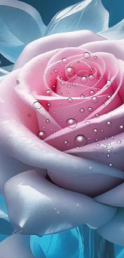 Elegant pastel rose with dew drops in soft pink and blue tones.