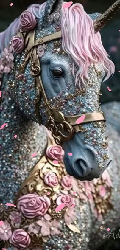 Beautiful unicorn with pastel flowers and elegant details on its mane and body.