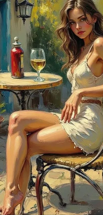 Elegant woman seated in patio setting with glass of wine.