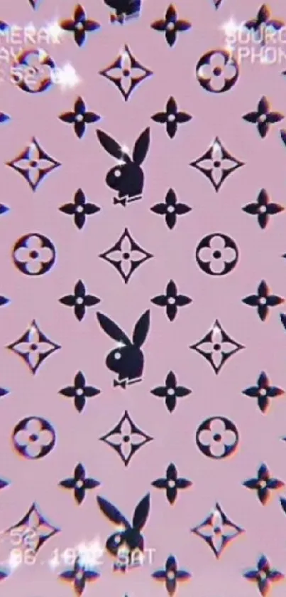 Pink patterned wallpaper with iconic symbols.