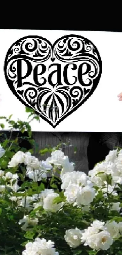 Heart-shaped peace sign with white roses on mobile wallpaper.