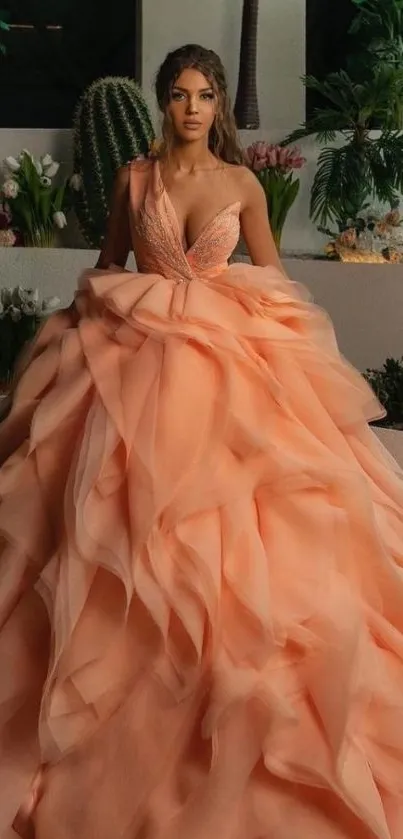 Woman in elegant peach gown against greenery.