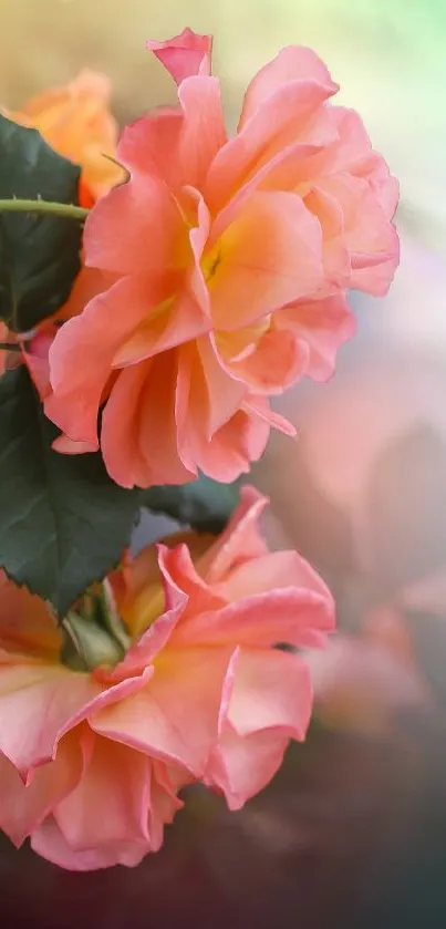 Peach colored flowers with green leaves on a blurred background wallpaper.