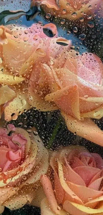 Peach rose petals with water droplets on wallpaper.