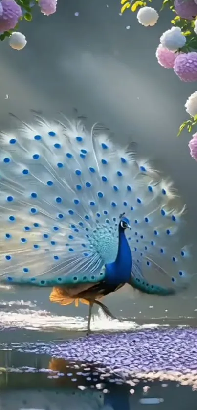 Elegant peacock displaying feathers among pink blossoms.