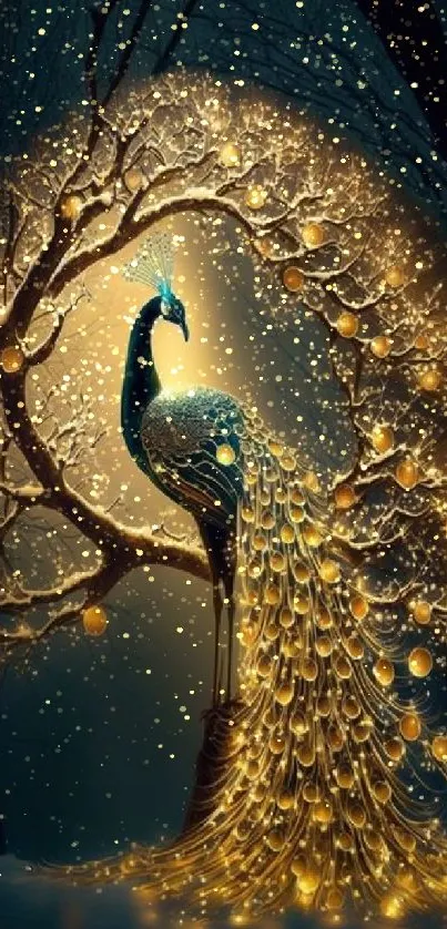 Elegant peacock with glowing tree background in golden hues.