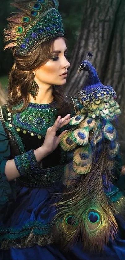 Woman in peacock dress with matching headdress by a tree.