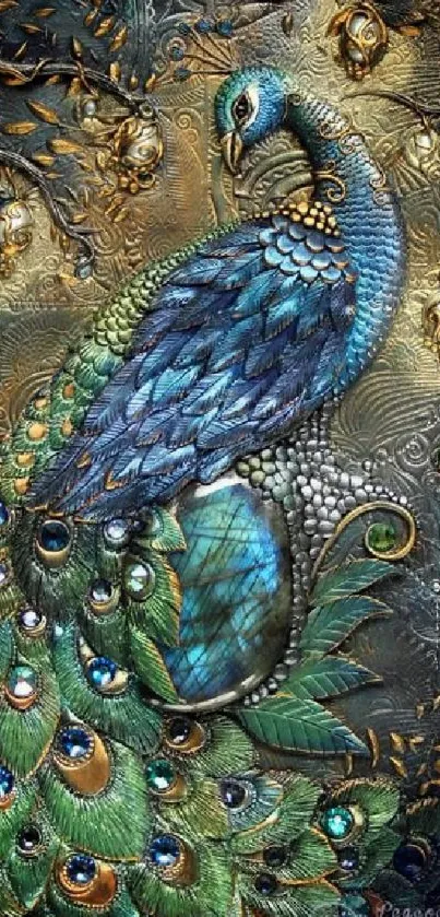 Intricate peacock art design wallpaper with vibrant colors.