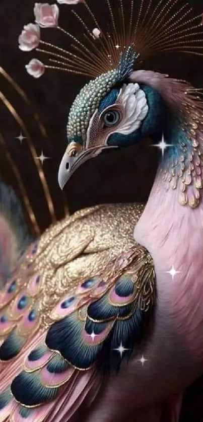 Elegant peacock art print with pink and gold details on a dark background.