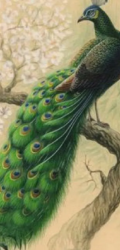 A majestic peacock perched on a branch, displaying vibrant green feathers.