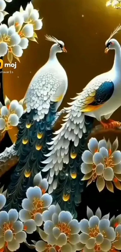 Artistic peacock and floral design on a mobile wallpaper.