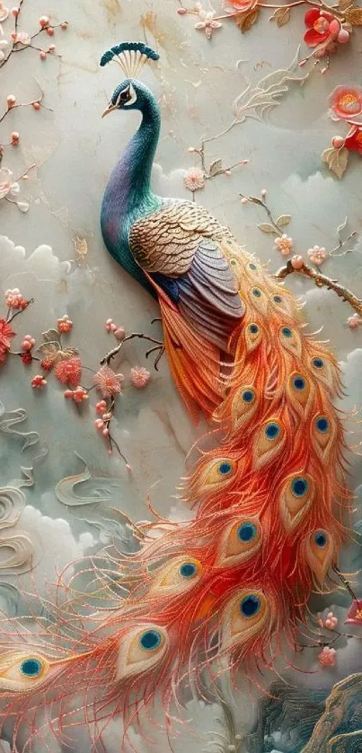 Elegant peacock with vibrant feathers on a floral background.