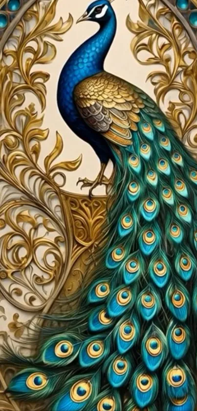 Artistic peacock with ornate gold details.