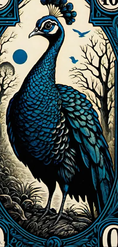 Intricate blue-themed peacock wallpaper with artistic design.