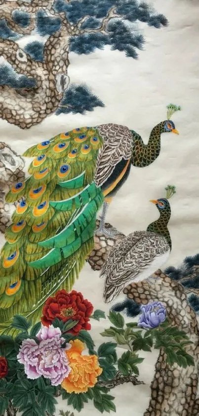 Elegant hand-painted peacock with flowers on tree branches.