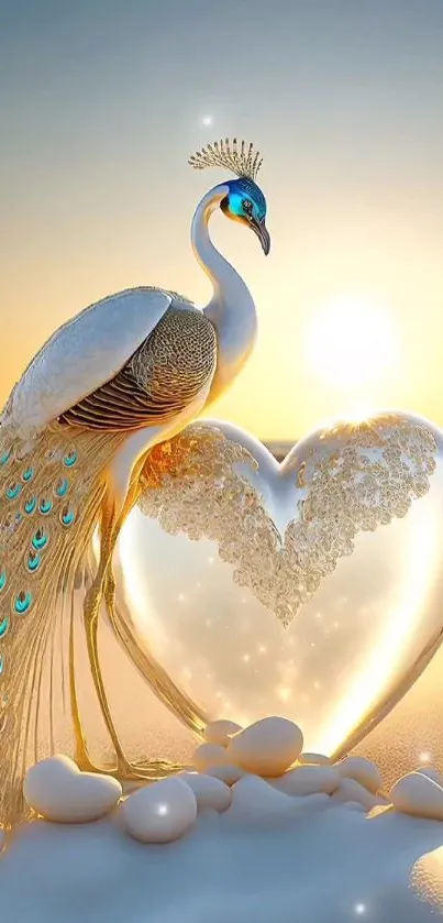 Elegant peacock with glass heart in golden sunrise landscape.