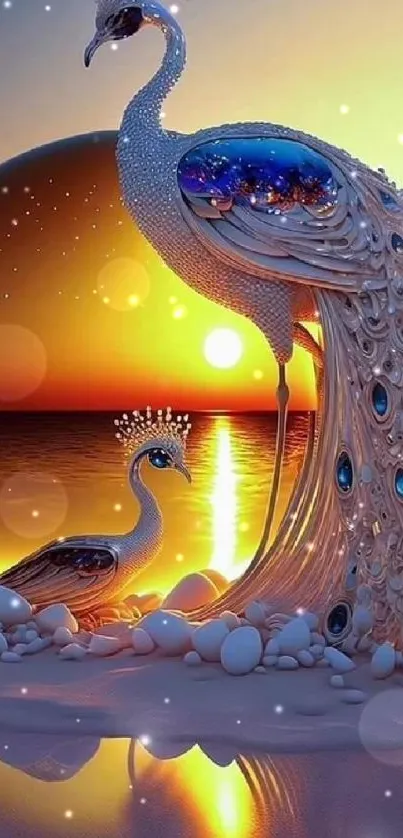 Majestic peacock in front of a vibrant sunset, creating a serene nature scene.