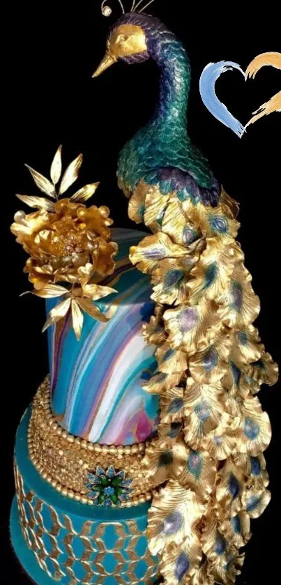 Elegant peacock cake with gold, teal, and intricate details against a black background.