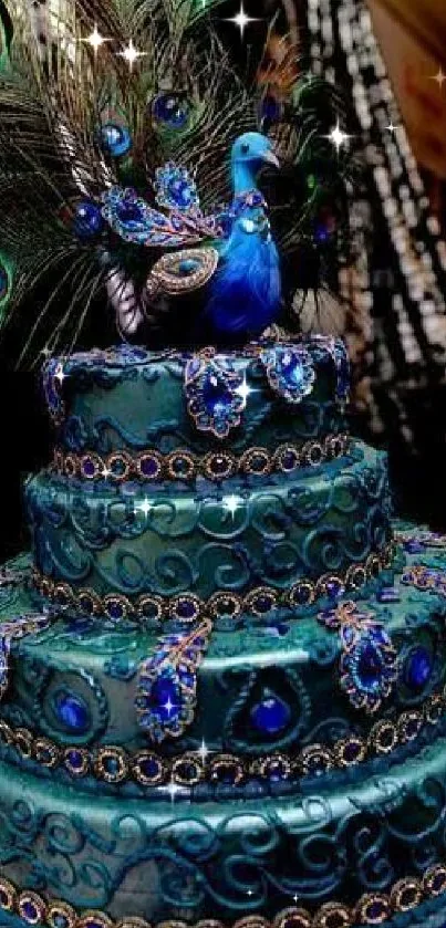 Peacock-themed cake with teal detailing and feather accents.