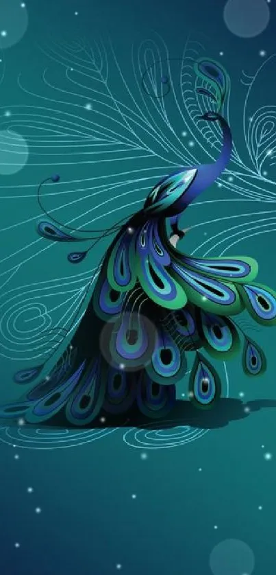 Artistic peacock in blue-green hues on a mobile wallpaper background.