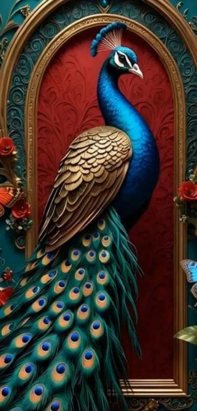 Elegant peacock in a decorative digital frame with vivid colors.