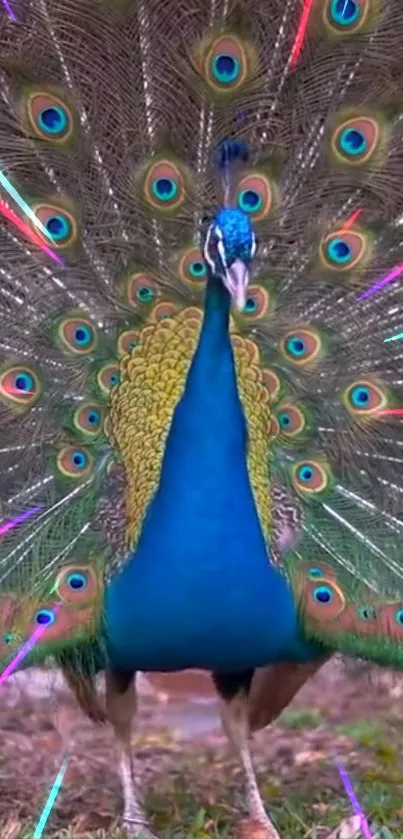 A vibrant peacock displaying its colorful feathers against a natural backdrop.