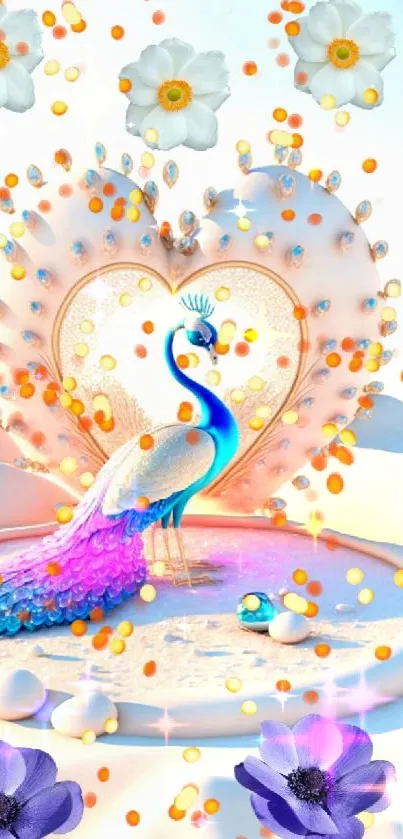 Elegant peacock with heart-shaped backdrop and vibrant flowers.