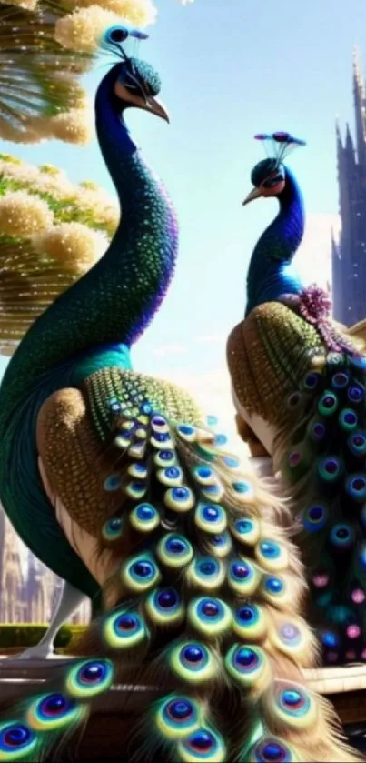 Elegant peacocks with colorful tails in a scenic nature setting.