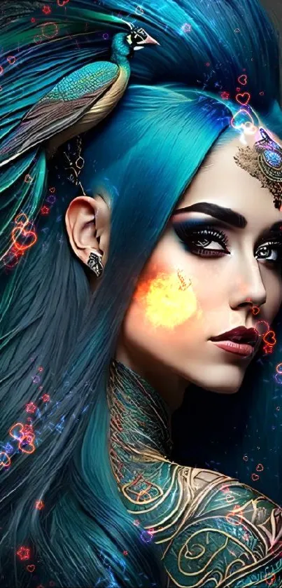 Fantasy woman with peacock plumage and tattoos in vibrant teal blue hues.