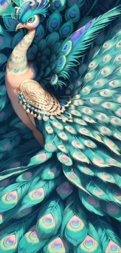 Fantasy peacock art with vibrant teal feathers.