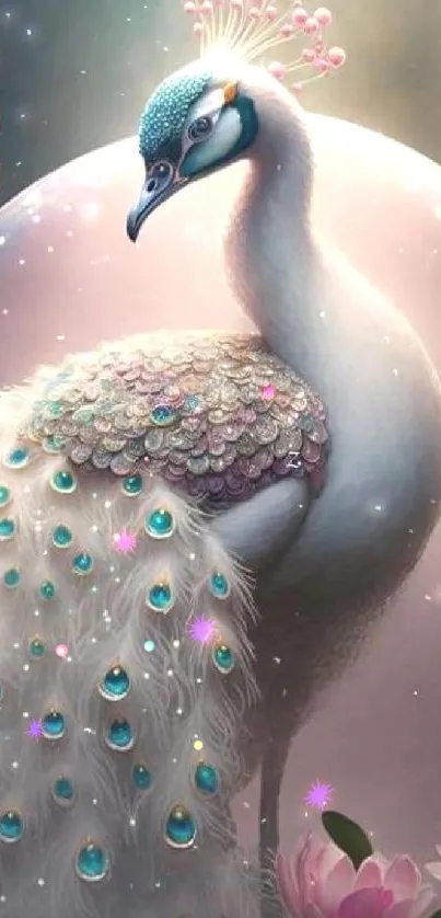 Elegant peacock in a fantasy setting with pink and blue highlights.