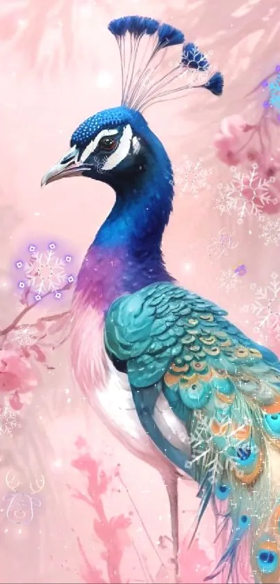 Fantasy peacock wallpaper with vibrant colors and floral elements.