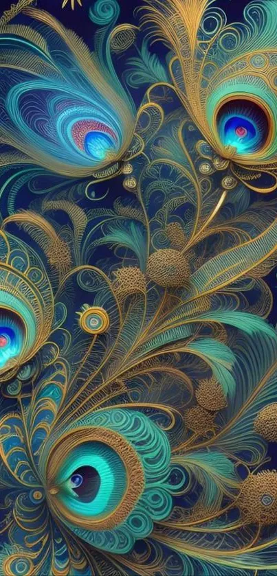 Artistic wallpaper with peacock feather design in blue and gold.