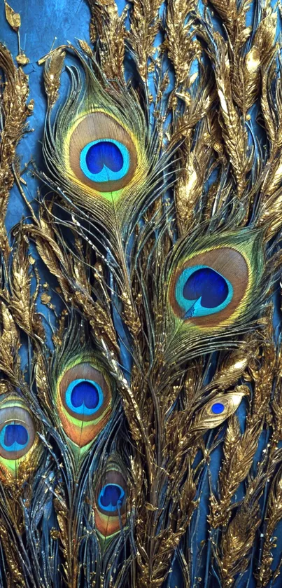 Elegant peacock feathers with gold details on a mobile wallpaper.