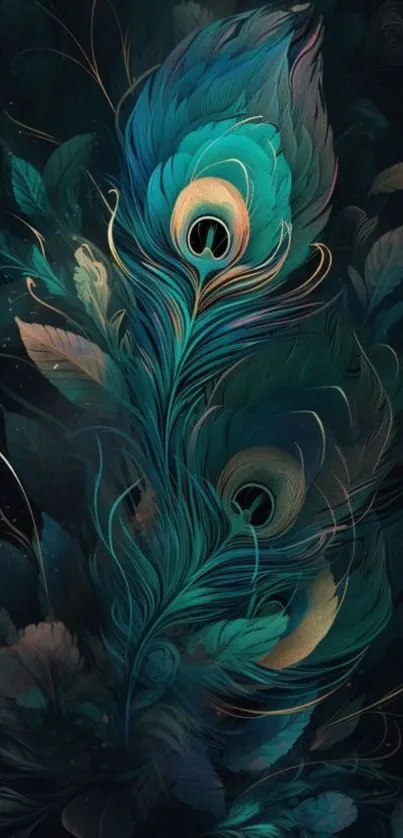 Intricate peacock feather wallpaper with teal accents.