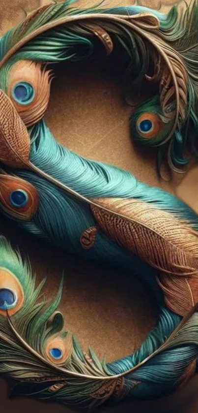 Intricate design of peacock feathers forming the letter S.